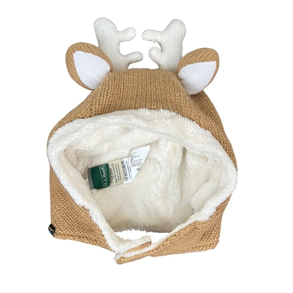 LL Bean Reindeer Critter Beanie Kids 12-24M Brown Knit Fleece Lined Trapper Hat
